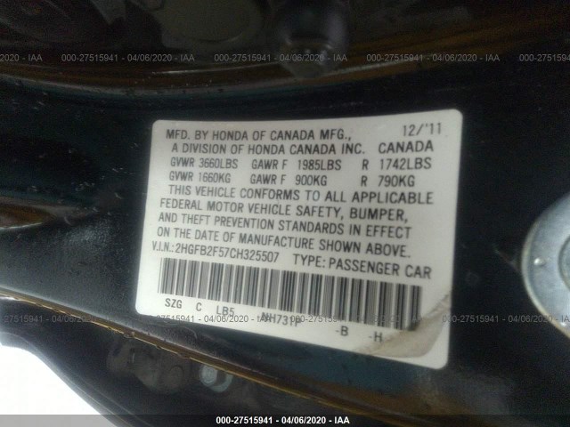 Photo 8 VIN: 2HGFB2F57CH325507 - HONDA CIVIC SDN 