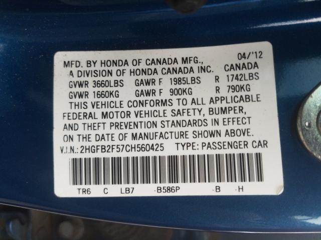 Photo 9 VIN: 2HGFB2F57CH560425 - HONDA CIVIC LX 