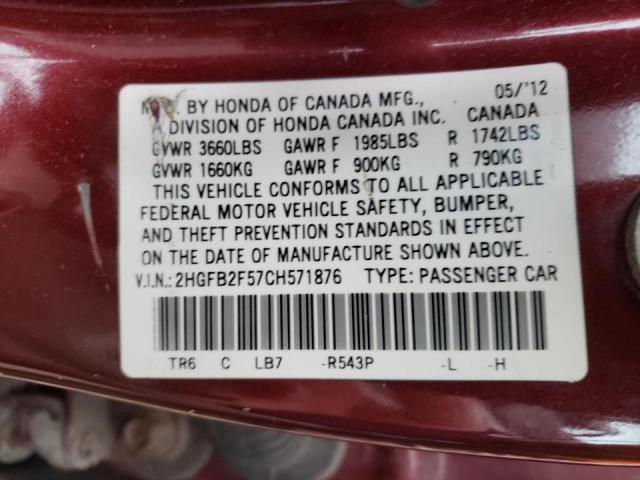 Photo 12 VIN: 2HGFB2F57CH571876 - HONDA CIVIC LX 