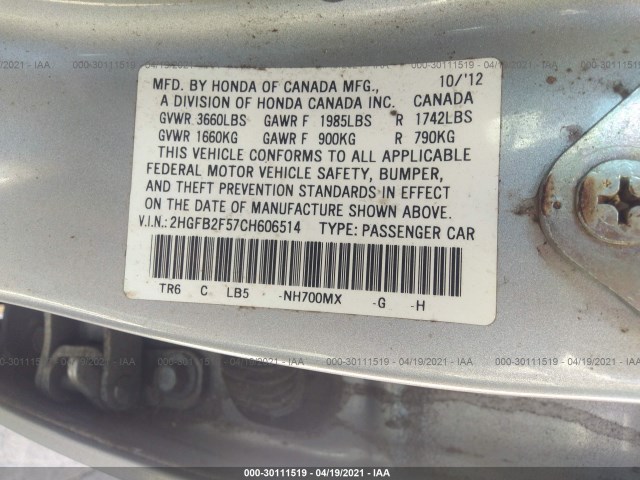 Photo 8 VIN: 2HGFB2F57CH606514 - HONDA CIVIC SDN 