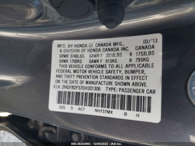 Photo 8 VIN: 2HGFB2F57DH301306 - HONDA CIVIC 