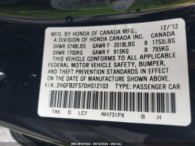 Photo 8 VIN: 2HGFB2F57DH512103 - HONDA CIVIC 