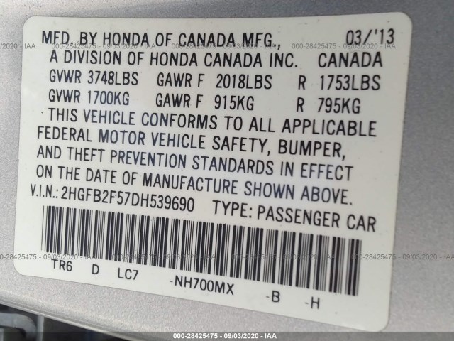 Photo 8 VIN: 2HGFB2F57DH539690 - HONDA CIVIC SDN 