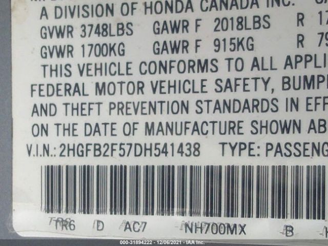 Photo 8 VIN: 2HGFB2F57DH541438 - HONDA CIVIC SDN 