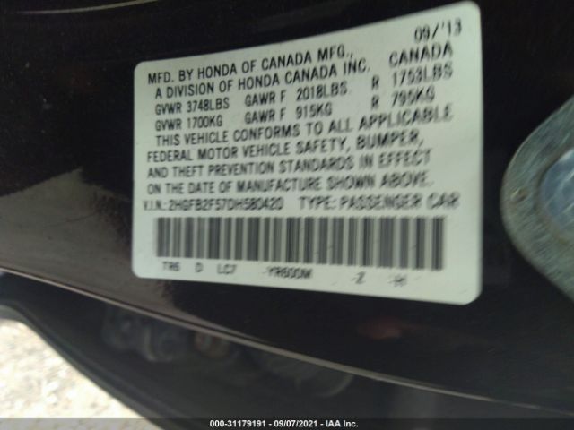 Photo 8 VIN: 2HGFB2F57DH580420 - HONDA CIVIC SDN 