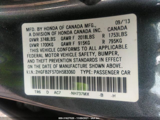 Photo 8 VIN: 2HGFB2F57DH583060 - HONDA CIVIC SDN 