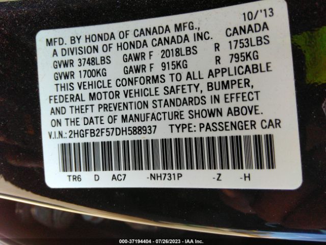 Photo 8 VIN: 2HGFB2F57DH588937 - HONDA CIVIC 