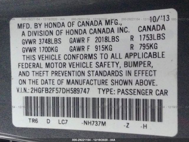 Photo 8 VIN: 2HGFB2F57DH589747 - HONDA CIVIC SDN 