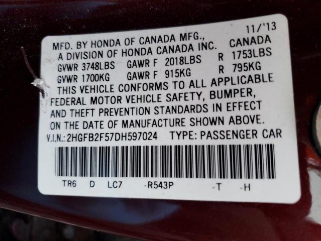 Photo 11 VIN: 2HGFB2F57DH597024 - HONDA CIVIC 