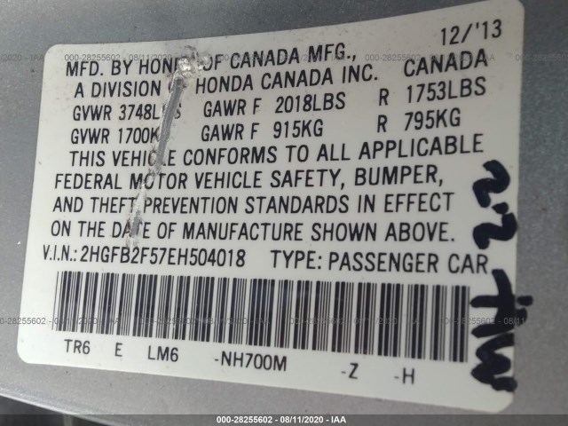 Photo 8 VIN: 2HGFB2F57EH504018 - HONDA CIVIC SEDAN 