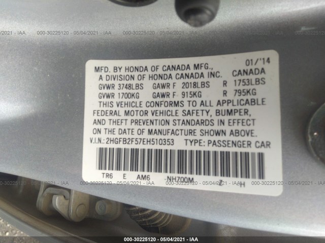 Photo 8 VIN: 2HGFB2F57EH510353 - HONDA CIVIC SEDAN 