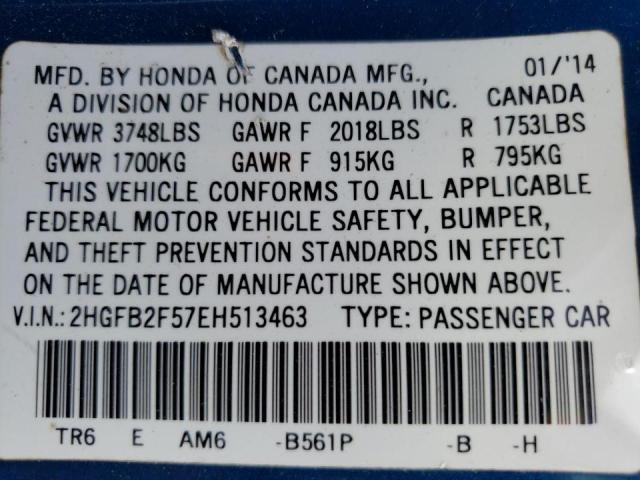 Photo 9 VIN: 2HGFB2F57EH513463 - HONDA CIVIC LX 