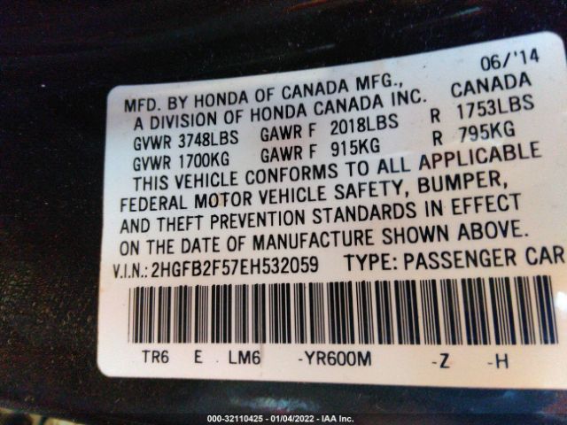 Photo 8 VIN: 2HGFB2F57EH532059 - HONDA CIVIC SEDAN 