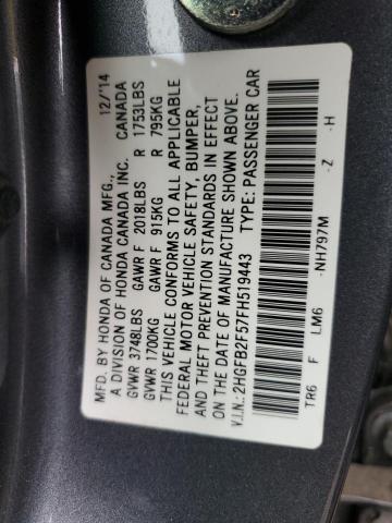 Photo 9 VIN: 2HGFB2F57FH519443 - HONDA CIVIC SEDAN 