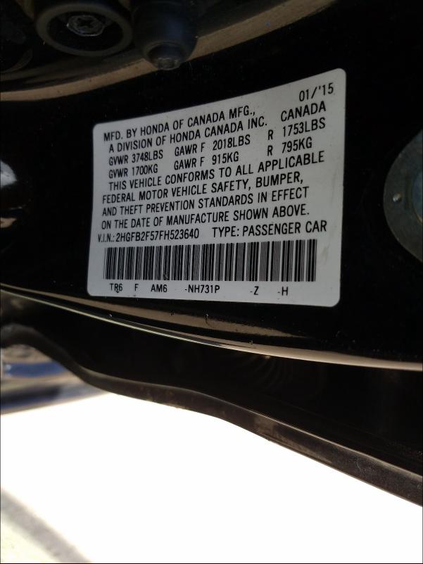 Photo 9 VIN: 2HGFB2F57FH523640 - HONDA CIVIC 