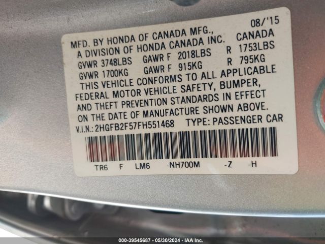 Photo 8 VIN: 2HGFB2F57FH551468 - HONDA CIVIC 