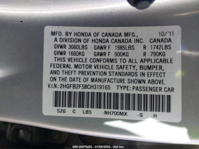 Photo 8 VIN: 2HGFB2F58CH319165 - HONDA CIVIC 