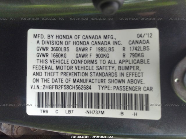 Photo 8 VIN: 2HGFB2F58CH562684 - HONDA CIVIC SDN 