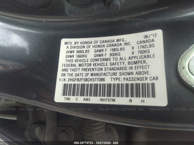 Photo 8 VIN: 2HGFB2F58CH577086 - HONDA CIVIC SDN 