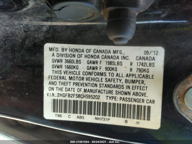 Photo 8 VIN: 2HGFB2F58CH595202 - HONDA CIVIC SDN 