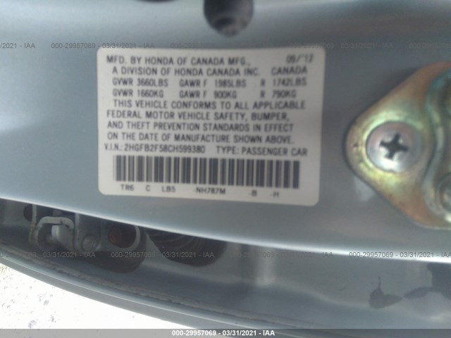 Photo 8 VIN: 2HGFB2F58CH599380 - HONDA CIVIC SDN 