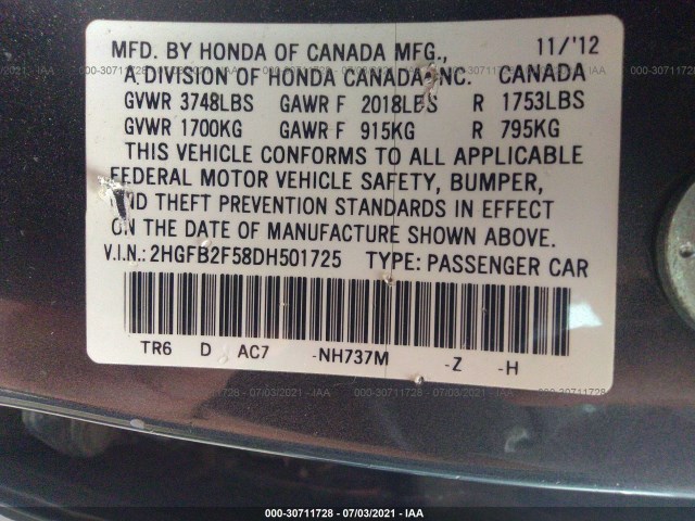 Photo 8 VIN: 2HGFB2F58DH501725 - HONDA CIVIC SDN 