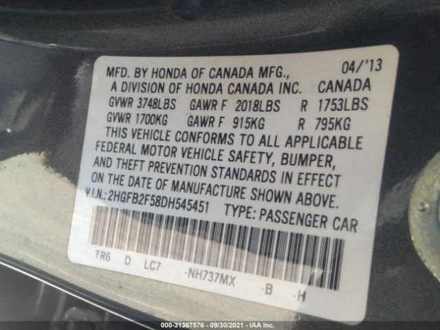 Photo 8 VIN: 2HGFB2F58DH545451 - HONDA CIVIC SDN 