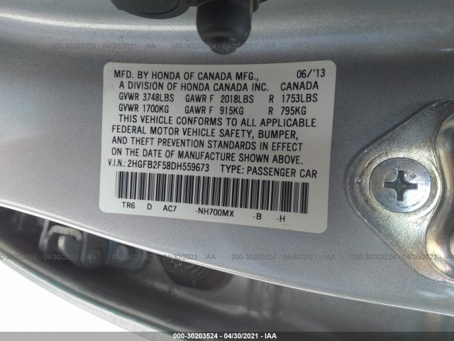 Photo 8 VIN: 2HGFB2F58DH559673 - HONDA CIVIC SDN 