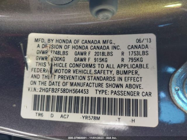 Photo 8 VIN: 2HGFB2F58DH564453 - HONDA CIVIC SDN 