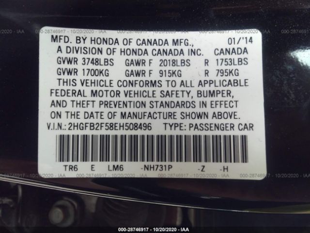 Photo 8 VIN: 2HGFB2F58EH508496 - HONDA CIVIC SEDAN 