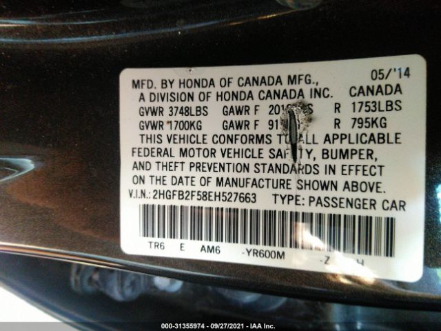 Photo 8 VIN: 2HGFB2F58EH527663 - HONDA CIVIC SEDAN 