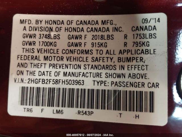 Photo 8 VIN: 2HGFB2F58FH503963 - HONDA CIVIC 