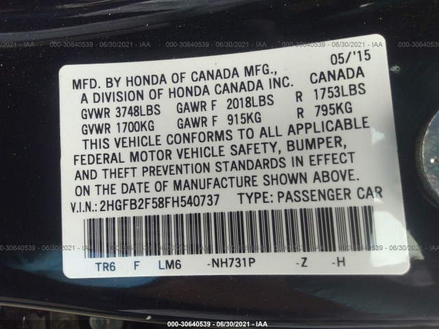 Photo 8 VIN: 2HGFB2F58FH540737 - HONDA CIVIC SEDAN 