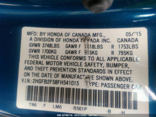 Photo 8 VIN: 2HGFB2F58FH541015 - HONDA CIVIC SEDAN 