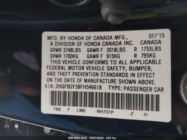 Photo 8 VIN: 2HGFB2F58FH546618 - HONDA CIVIC 