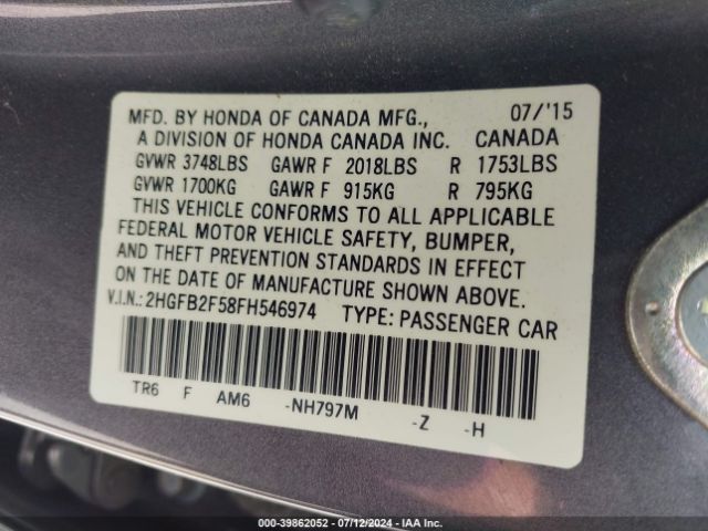 Photo 8 VIN: 2HGFB2F58FH546974 - HONDA CIVIC 