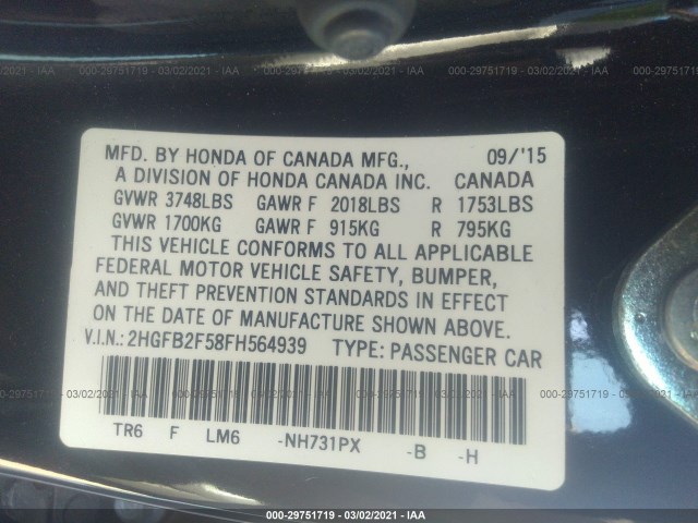 Photo 8 VIN: 2HGFB2F58FH564939 - HONDA CIVIC SEDAN 