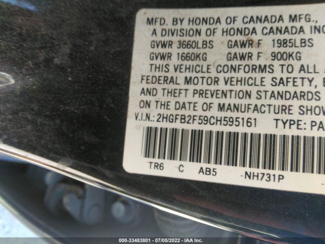 Photo 8 VIN: 2HGFB2F59CH595161 - HONDA CIVIC SDN 