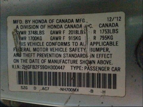 Photo 9 VIN: 2HGFB2F59DH300447 - HONDA CIVIC LX 