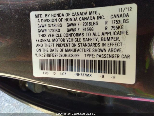 Photo 8 VIN: 2HGFB2F59DH508599 - HONDA CIVIC SDN 