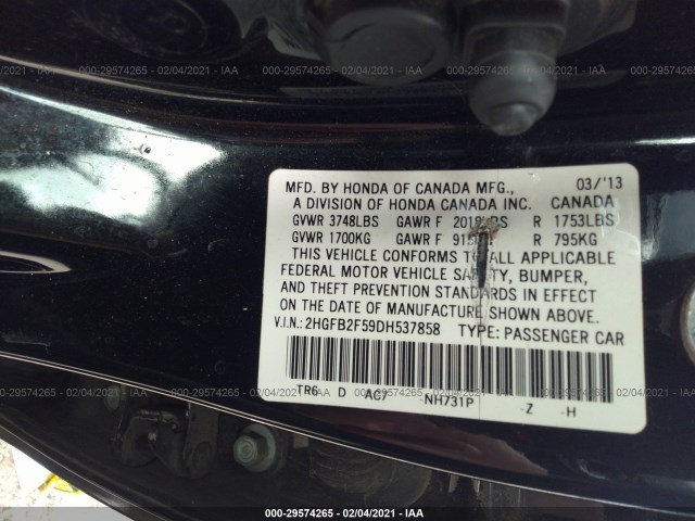 Photo 8 VIN: 2HGFB2F59DH537858 - HONDA CIVIC SDN 