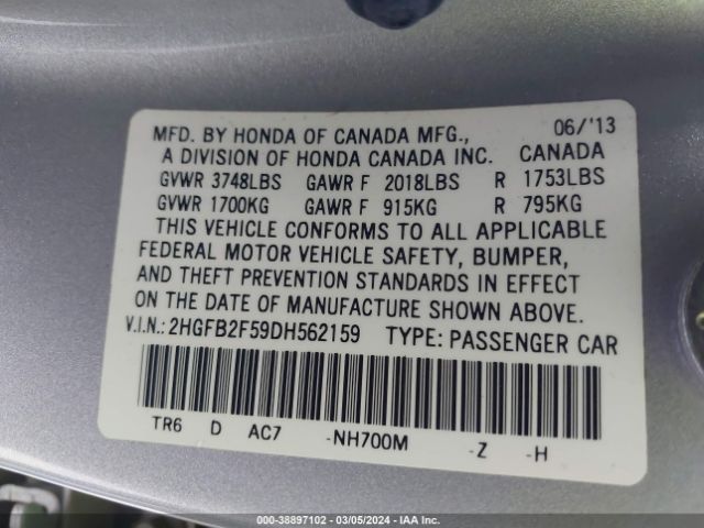 Photo 8 VIN: 2HGFB2F59DH562159 - HONDA CIVIC 