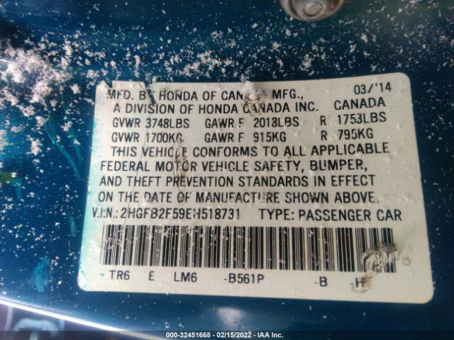 Photo 8 VIN: 2HGFB2F59EH518731 - HONDA CIVIC SEDAN 