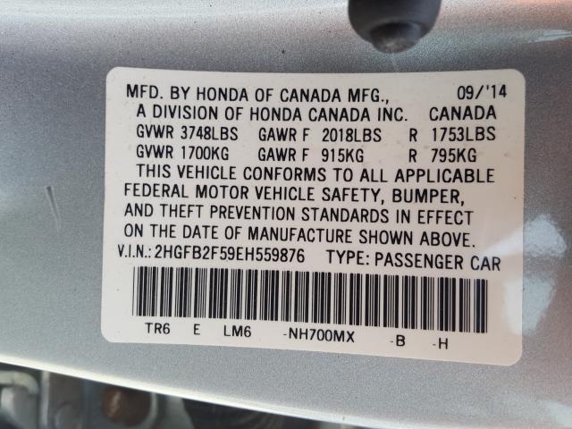 Photo 9 VIN: 2HGFB2F59EH559876 - HONDA CIVIC LX 