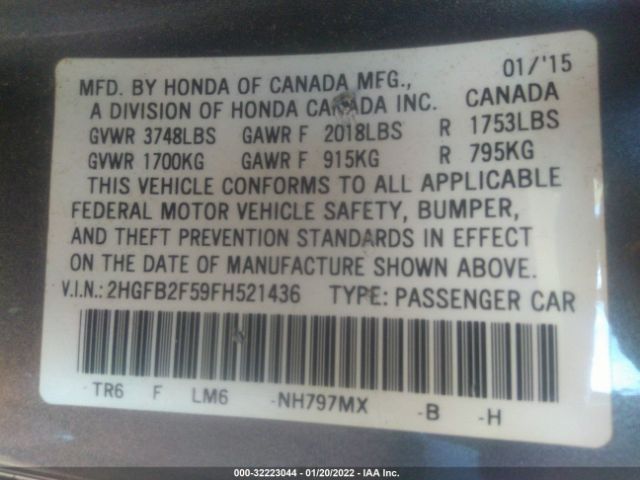 Photo 8 VIN: 2HGFB2F59FH521436 - HONDA CIVIC SEDAN 