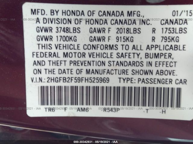 Photo 8 VIN: 2HGFB2F59FH525969 - HONDA CIVIC SEDAN 