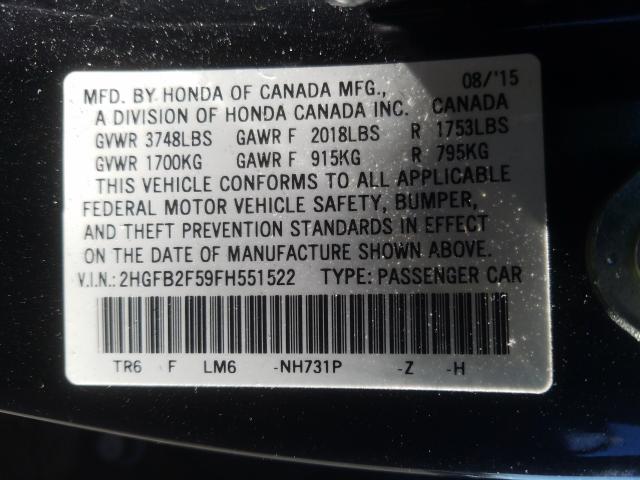 Photo 9 VIN: 2HGFB2F59FH551522 - HONDA CIVIC LX 