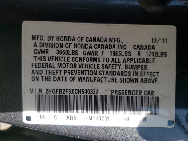 Photo 9 VIN: 2HGFB2F5XCH540332 - HONDA CIVIC LX 