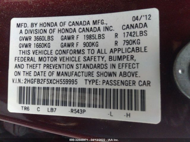 Photo 8 VIN: 2HGFB2F5XCH559995 - HONDA CIVIC SDN 