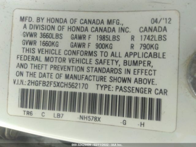 Photo 8 VIN: 2HGFB2F5XCH562170 - HONDA CIVIC SDN 